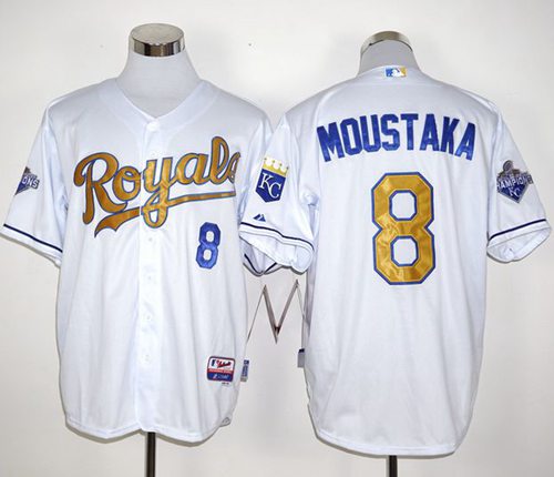 Royals #8 Mike Moustakas White 2015 World Series Champions Gold Program Stitched MLB Jersey - Click Image to Close